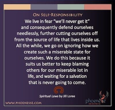 On Self-Responsibility: We live in fear “we’ll never get it” and consequently defend ourselves needlessly, further cutting ourselves off from the source of life that lives inside us. All the while, we go on ignoring how we create such a miserable state for ourselves. We do this because it suits us better to keep blaming others for our miserable lot in life, and waiting for a salvation that is never going to come.