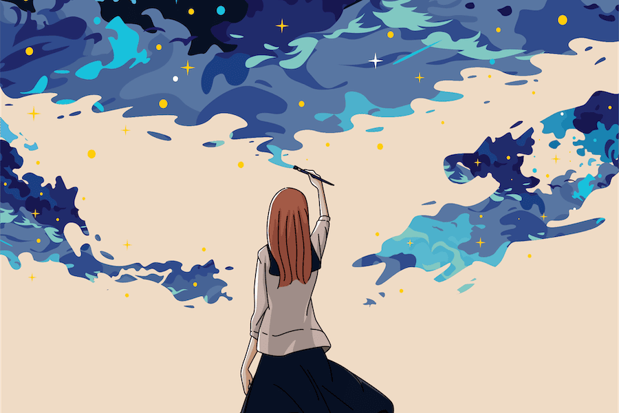 Spiritual laws_girl creating A girl, creating her own reality by painting the sky